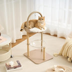 34" Modern Cat Tree Furniture, Minimalist Metal Frame Cat Tower with Wood Platforms, Washable Cushion & Scratching Post, Stylish Cat Condo for Indoor Cats, Cream Beige