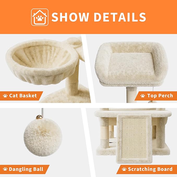 68.5 in Multi-Level Cat Tree for Indoor Cats Large Adult Heavy Duty Cat Tower for Large Cats with 2 Condos/Plush Perches/Sisal Scratching Posts/Hammocks/Basket/Dangling Balls, #2604 Beige