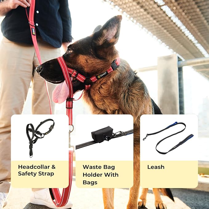 Dog Headcollar with Leash and Safety Strap Stops Heavy Pulling On The Leash Padded Reflective Head Halter for Small Medium Large Dogs Adjustable Head Harness for Training and Walking, (L, RED)