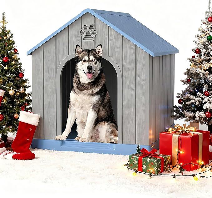 Fancyango Dog House Outdoor Indoor, Weatherproof Insulated Dog House with Elevated Floor and Air Vents for Small to Medium Dogs,Easy Clean and Assemble (Blue, 36.2''L×38''W×38''H)