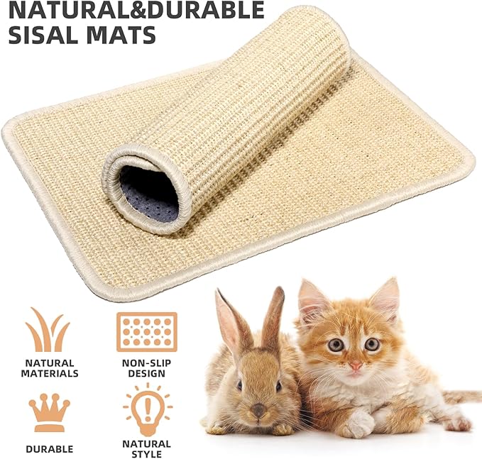 2 Pieces Rabbit Scratcher Mat, Natural Sisal Cat Bunny Rabbit Scratching Pad, Rabbit Animal Scratch Pad Rug for Indoor Horizontal Cat Floor Scratching Mats Rug, Furniture Protector (Beige)