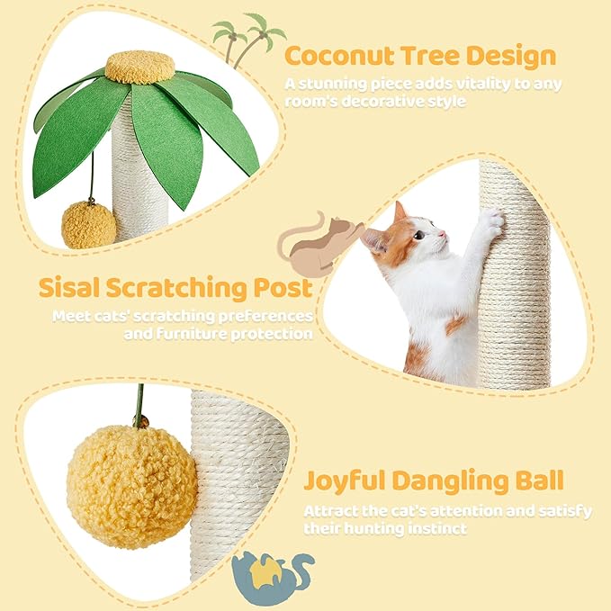 Yaheetech Cat Tree for Indoor Cats, 37in Coconut Palm Cat Tree with Green Leaves, Cat Scratching Post Cat Tower with Large Condo, Play House Activity Center with Bending Perch, Green/Yellow