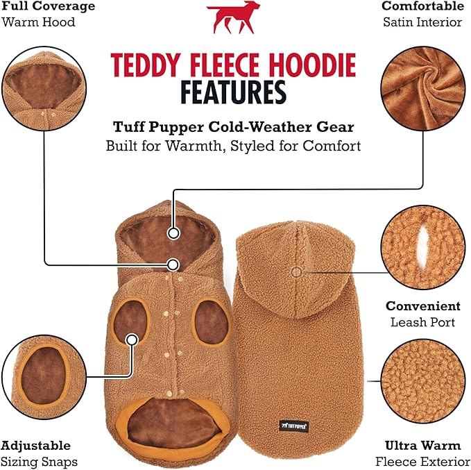 Tuff Pupper Fleece Dog Hoodie Sweater | Teddy Sherpa Outer & Soft Polar Fleece Lining | Adjustable Fit Winter Coat with Hood, Leash Hole, Ribbed Cuffs | For Small Medium Large XL XXL Dogs (Brown, XXS)
