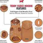 Tuff Pupper Fleece Dog Hoodie Sweater | Teddy Sherpa Outer & Soft Polar Fleece Lining | Adjustable Fit Winter Coat with Hood, Leash Hole, Ribbed Cuffs | for Small Medium Large XL XXL Dogs (Brown, M)