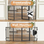 Full Metal Freestanding Dog Gate with Door, 36''Height Foldable Pet Dog Fence for Indoor & Outdoor, 4 Panels Extra Wide Free Standing TallDog Gates for Doorways,House,Stairs,Porch,Deck,Yard