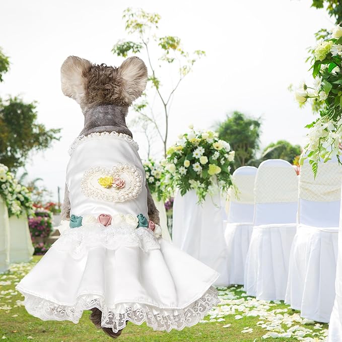 Luxury Pearl Dog Wedding Dress,Dog Rose Love Heart Dress,Pet Bride Costume Formal Apparel for Small Dogs (White, Small)