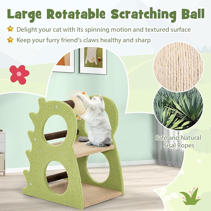 Tangkula Cute Cat Tree, Dinosaur-Shaped Cat Tower with Rotatable Sisal Scratching Ball, Soft Plush Fabric, Cat Climbing Stand, 2-Tier Modern Cat Tree for Small Indoor Cats (Green)