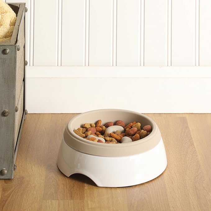 Gibson Home Curious Canines Slow Feeder Dog Bowl, 6.75” Melamine Anti-Gulp Feeding Bowl, Non-Slip, Dishwasher Safe, Taupe