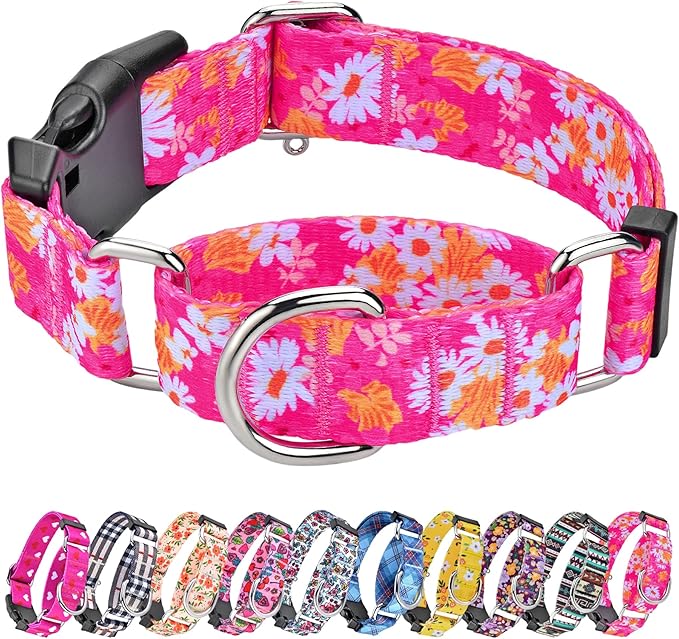 Hikiko Martingale Collar for Dogs Cute Floral Dog Collar for Small Medium Large Dogs Spring Summer Daisy Dog Collars for Girl Female Pet (Hot Pink Flower,Large)
