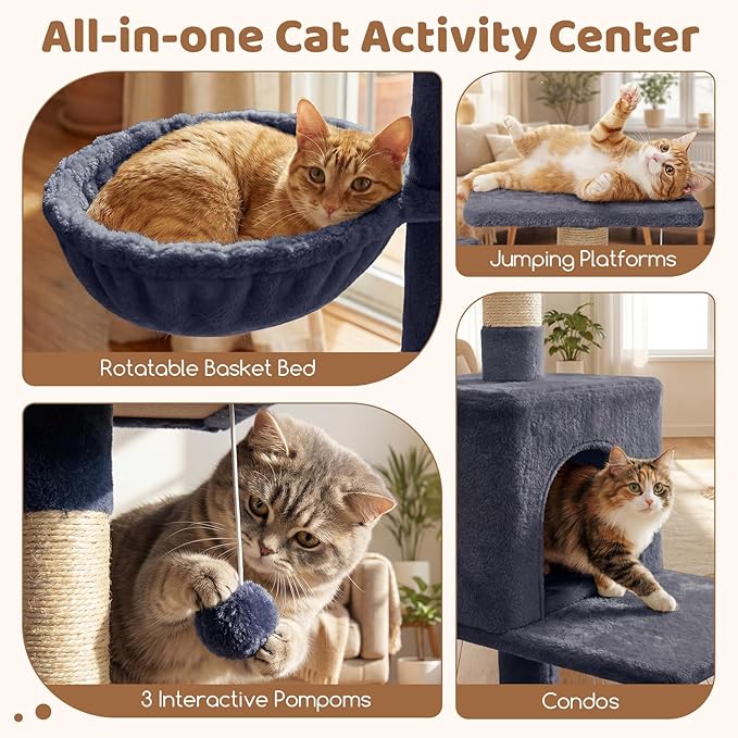 DORTALA Multi-Level Cat Tree, 65" Tall Cat Tower with 3 Plush Perch, 2 Condos, Basket Bed, Sisal Scratching Posts & Board, Hanging Pompoms, Indoor Pet Climbing Furniture (Dark Grey)