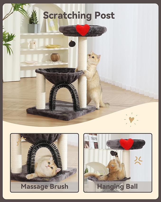 27.8" Small Cat Tree Tower for Indoor Cats, Multi-Level Cute Cat Tree with Scratching Post| Plush Hammock| Perch| Replaceable Cover| Groomer Brush| Dangling Ball for Kittens Play & Rest