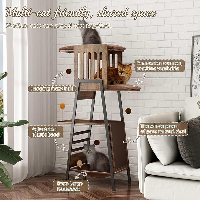 Modern Cat Tree 58-Inch Tower for Large Cats with Scratching Board, Extra Large Perch, Hammock & Removable Washable Pads, Multi-Level Cat Furniture for Bird Watching & Play, Walnut