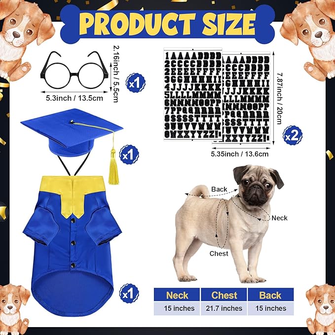 5 Pcs Dog Graduation Costume Set Include 2026 Pet Graduation Gown with Stole Puppy Grad Cap Lensless Glasses DIY Letter Stickers for Dogs Cats Holiday Costume Accessory(Blue Yellow,M)