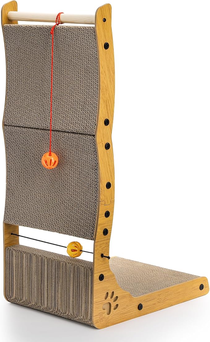 L Shape Cat Scratcher, 26.8" Vertical Cat Scratching Board with Ball Toy, Large Wall Mounted Curving Scratching Ramp, Tall Standing Cat Scratch Pad, Wall Furniture Protector for Indoor Cats