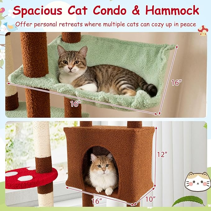 PETSITE Mushroom Floor to Ceiling Cat Tree, 79.5-104.5 Inches Height Adjustable Cute Ceiling Cat Tower with Sisal Scratching Posts, Condo, Side Basket Bed, Spring Toy, and Multiple Jumping Platforms