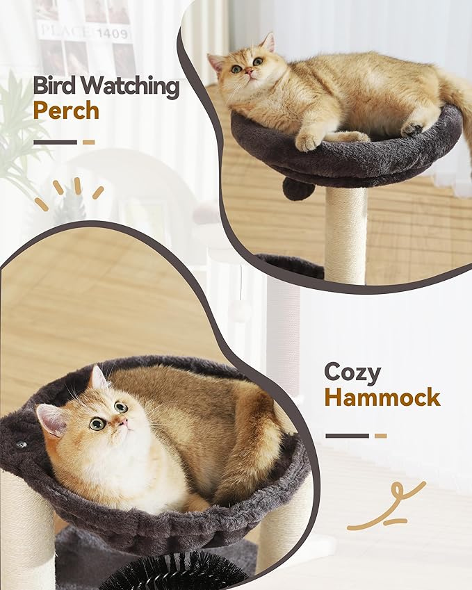 Small Cat Tree Tower for Indoor Cats, 27.8" Multi-Level Cat Tree with Scratching Posts| Plush Hammock| Perch| Self Groomer Brush| Dangling Ball for Kittens/Small Cats Play & Rest