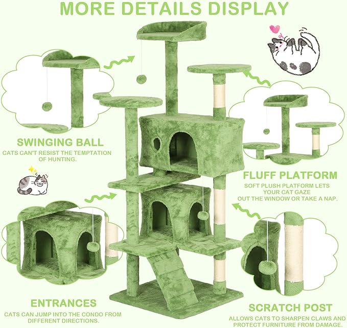 54 Inches Tall Cat Tree Tower for Indoor Cats, Multi-Level Condo Furniture With Scratching Post Stand, Trees With Funny Toys and House for Kitten Rest & Fun, Green