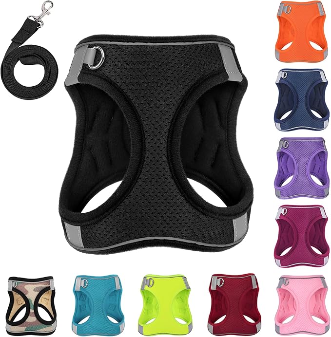 Dog Harness with Leash Set, No-Pull Step-in Reflective Pet Harness with 1 Leash Clips, Adjustable Soft Padded Easy Walk Dog Vest for Small Medium Large Dogs, Cats(Carbon Black, XXXSmall)