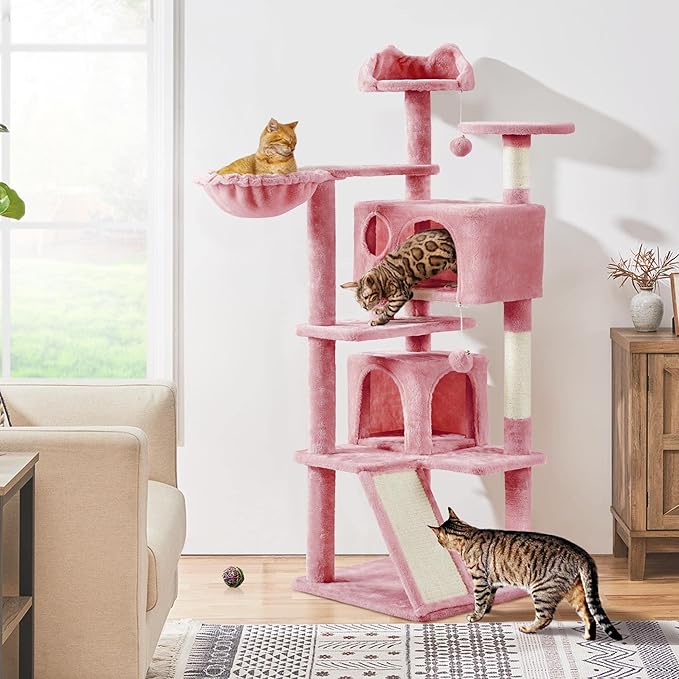 Yaheetech Cat Tree, 57 inches Cat Tower with Double Condo, Scratching Board and Basket, Cat Furniture for Indoor Cats Kitten- Pink