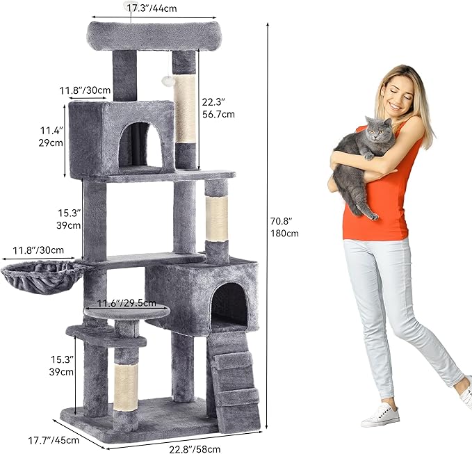 DWVO Cat Tower 70.8in for Indoor Cats: Multi-Tiered Feline Furnishing with Snug Cat Bed, Scratch Poles, Feline Window Cushioned Plush Roost for Young Cats Animal Activity Center Light Gray