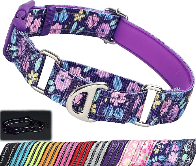 Heavy Duty Martingale Collar for Dogs - Reflective Nylon with Quick Release Buckle & Purple Flowers Design - No Slip Choke Collar for Training, Walking & Nighttime Safety L