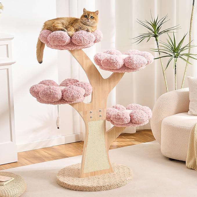 797Audio Flower Cat Tree, 48" Wood Branch Cat Tower, Pink Cloud Cat Tree with Scratching Post for Indoor Adult Cats, Luxury Cat Tree with Cozy Perches & Interactive Squeaky Hanging Toy