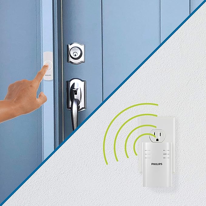 Philips Wireless Doorbell Kit, Plug-In Reciever, 1 Push Button, 8 Melodies, 4 Volume Levels, 150 Ft Range, White, DES2180W/27