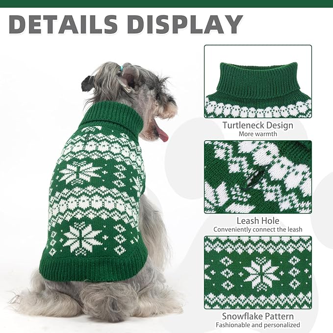 KOOLTAIL Cable Knit Dog Sweater Turtleneck, Cold Weather Pullover Classic Knitwear, Snowflake Pattern Thick Warm Winter Pet Clothes, Dog Christmas Sweater for Small Medium Large Dogs Cats, Green S