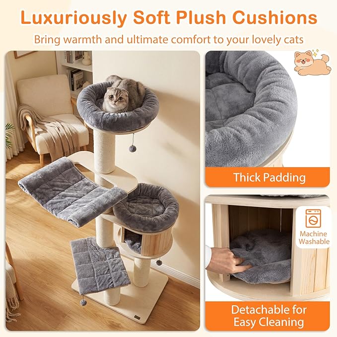 Tangkula Modern Cat Tree, Multi-Level Large Cat Tower with Condo, Hammocks & Hanging Basket, Tall Cat Tree with Sisal Posts, Washable Cushions, Wood Cat Trees and Towers for Indoor Large Cats
