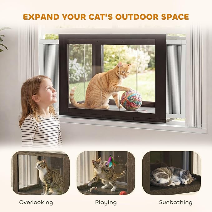 PawHut Cat Window Box Catio, Outdoor Indoor Cat Enclosure with Clear Panels, Universal Window Perch for Wall 25"–41", Catio for Indoor Pet Sunbathing, Napping & Overlooking
