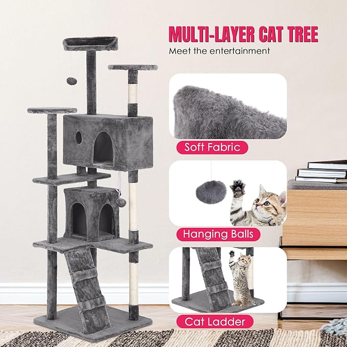 24/7 Shop at Home Court 70 inch Multi-Level Cute Cat Tree Tower with Dangling Ball and Scratching Posts for Indoor Cats Adults, Kitten Supplies, Pet House, Light Gray