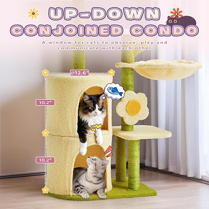 Erinnyees Flower Cat Tree, 38.2 Inches Cat Tower, Multi-Level Indoor Kitty Tree Tower, Kitty House with Cozy Top Flower Platform, Spacious Condos, Soft Hammock, Sisal Scratching Post
