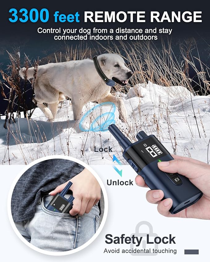 No Shock Dog Training Collar with Remote, Dog Vibration Collar with Controller Beep and Vibrate Only, Safe Lock Waterproof Rechargeable Vibrating Collars for Dogs(10-120 lbs)-No Prongs (Navy Blue)