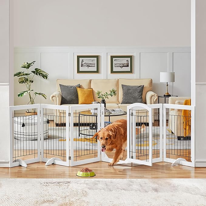 Yaheetech 32-inch Tall Dog Gate with Door Extra Wide Pet Gate for Dogs, Foldable Wire & Wooden Puppy Safety Fence w/3 Support Feet,Freestanding Dog Gate for The House, Doorway, Stairs(White,6 Panels)