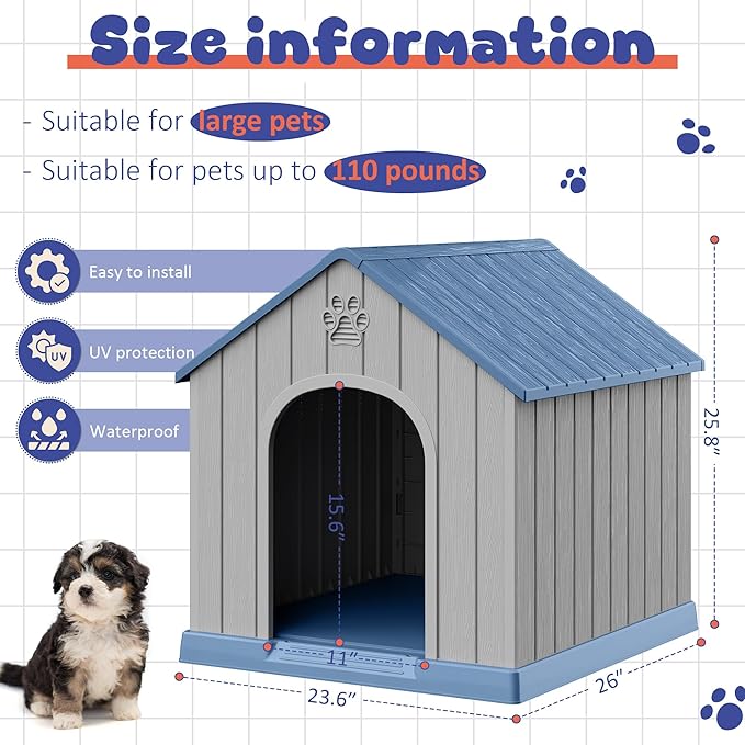 Bifanuo Dog House Outdoor Indoor, Plastic Small Dog House-Weatherproof Design with Air Vents & Elevated Floor for Small to Medium Dogs, Easy Clean and Assemble (Blue)