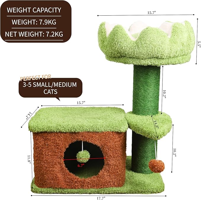 Zamaya Flower Cat Tree for Indoor Cats Large Adult,Easy to Assemble, Modern Cat Tower with Soft Cat Cave with a Window,Sisal Scratching Posts,Dangling Toy,(25.9" H) Green