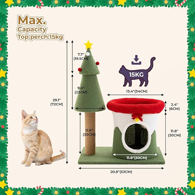 AQUILLA 29.7in Christmas Cat Tree Tower for Indoor Cats, Multi-Level Cat Condo with Sisal Scratching Posts, Cozy Hideaway & Top Perch, Red & Green Holiday Pet Play House for Small Cats and Kittens