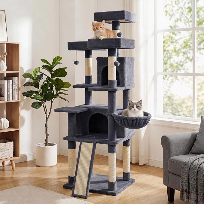 PETSITE Multi-Level Cat Tree, 65 Inches Tall with Sisal Scratching Posts, Condos, Rotatable Cat Basket, Dangling Balls, and Sisal Ladder, Ideal for Indoor Cats to Play and Rest (Dark Grey)