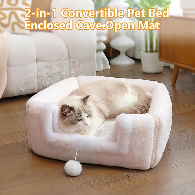 Cat Bed for Indoor Cats,2-in-1 Convertible Cat Bed & Cave,Foldable Washable Cat House,Soft and Thick Removable Inner pad, Anti-Slip Bottom,cat Tent for Kittens,Cats & Small Dogs,Cream