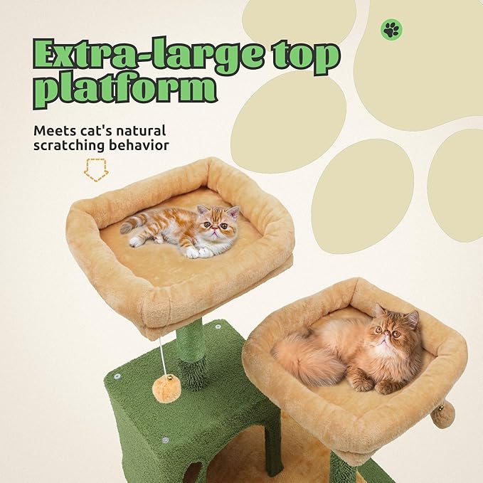 DWVO Cactus Cat Tree for Large Cats: 76" Tall with Self-Grooming Brush, Cute Kitten Climbing Tower for Indoor Kittens with Cat Condo, Top Perch, Basktet, Sisal Scratching Posts, Dangling Ball