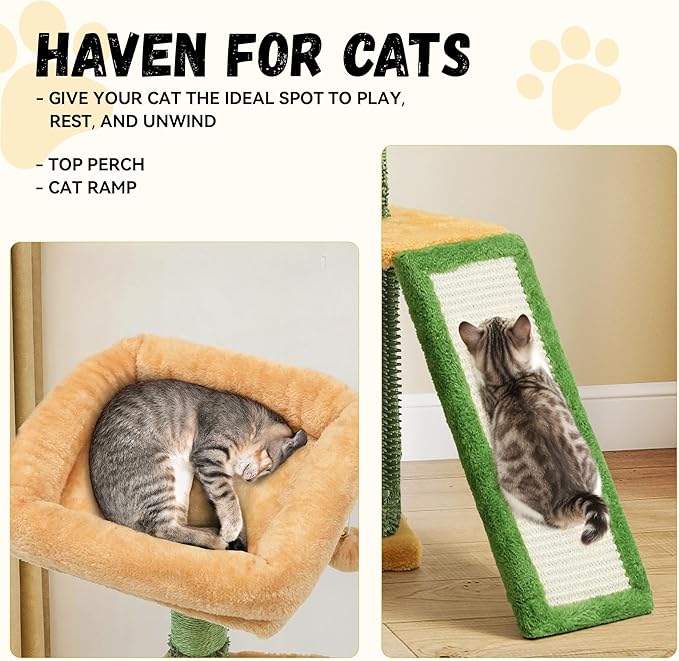 DWVO Cactus Cat Tree: 37" Tall with Self-Grooming Brush, Cute Kitten Climbing Tower for Indoor Kittens with Cat Condo, Plush Platform, Hammock, Sisal Scratching Posts, Dangling Ball
