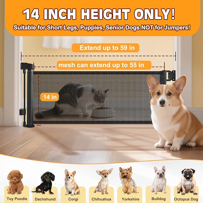 Retractable Short Dog Gate - Small Puppy Mesh Safety Pet to Step Over Gates Doggy Door for Doorways Stairs Kitchen Hallways Indoor, 14" Tall, Extends up to 55" Wide, Black