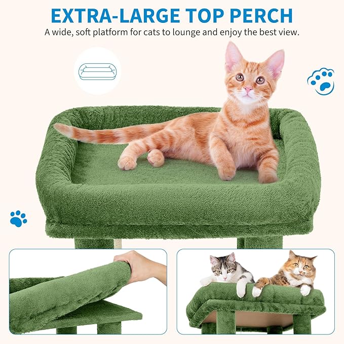 61" Large Cat Tree Tower for Indoor Cats, Heavy-Duty Multi-Level Cat Condo for Maine Coon & Big Cats with Extra-Large Perch, 2 Spacious Houses, Sisal Scratching Posts & Hanging Toys - Green