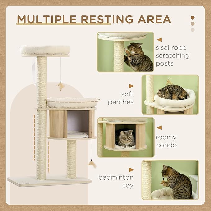 GOWE 3-Level Cat Tree with Sisal Scratching Posts, Fun Cat Badminton Toy for Playing, Soft Cushions, & Play Areas