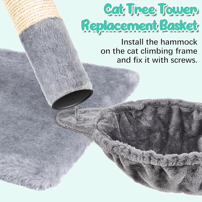 3 Pack 14.6" Large Cat Tree Hammock Basket Bed Lounger Tower Replacement Parts with 6 Pcs Hanging Elastic Strings Pom Pom Toys, Cat Tree Accessories Hammock Attachment (Gray)