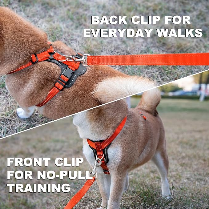 Plutus Pet Adjustable No Pull Dog Harness with Leather Accents, Heavy Duty Reflective Nylon Vest for Training, Hiking, Easy Walk Harness for Small, Medium, Large Dogs (Orange, XL)
