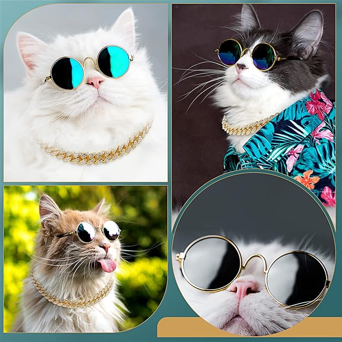 Xuniea 2 Pieces Cat Dog Chain Collar and Sunglasses Set Rhinestone Necklace with Secure Buckle Round Glasses for Doll Cat Dog Pet Accessories(16 Inch,Gold, Black)