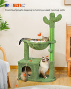 PEQULTI Cactus Cat Tree Cat Condo with Big Metal Frame Hammock, Cat Scratching Post for Indoor Cats with Cat Condo Natual Sisal Rope and Cat Toy Dangling Sisal Ball, Green