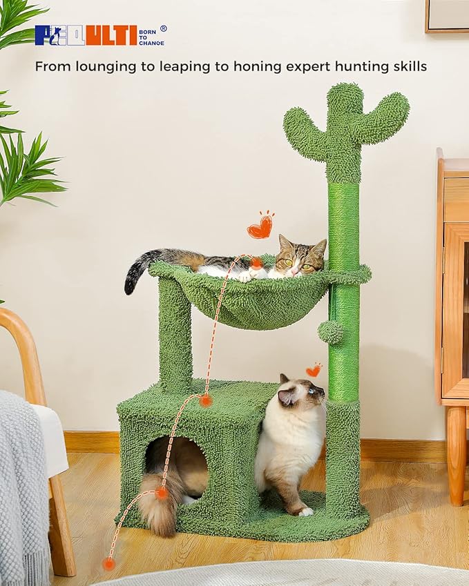 PEQULTI Cactus Cat Tree Cat Condo with Big Metal Frame Hammock, Cat Scratching Post for Indoor Cats with Cat Condo Natual Sisal Rope and Cat Toy Dangling Sisal Ball, Green