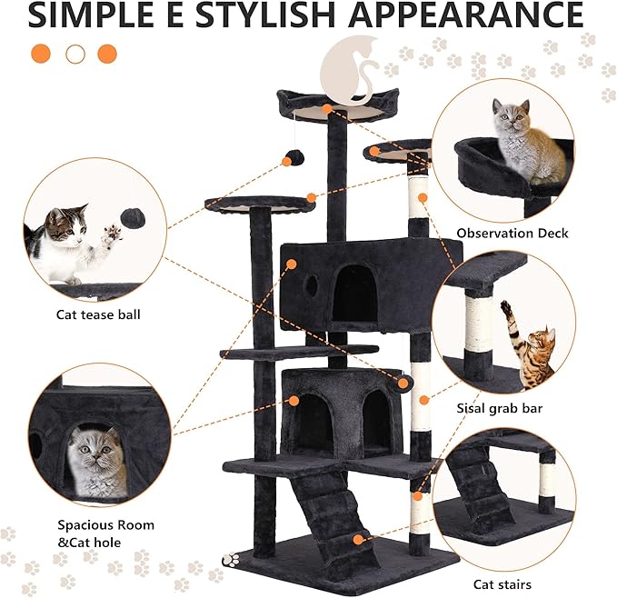 70 Inch Cat Tree for Indoor Cats - Multi-Level Tower With Scratching Post, Condo, Plush Perch, Dangling Ball - Heavy Duty for Large Cats, Ashy